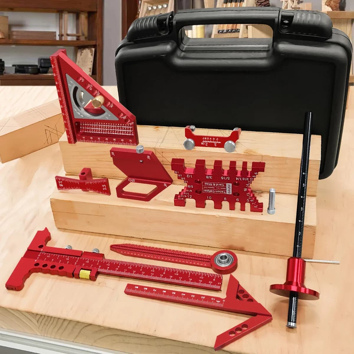 Набір з 10 предметів для столярних робіт: куток, рейсшина та циркуль